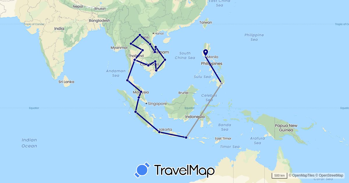 TravelMap itinerary: driving, plane in Indonesia, Laos, Malaysia, Philippines, Thailand, Vietnam (Asia)